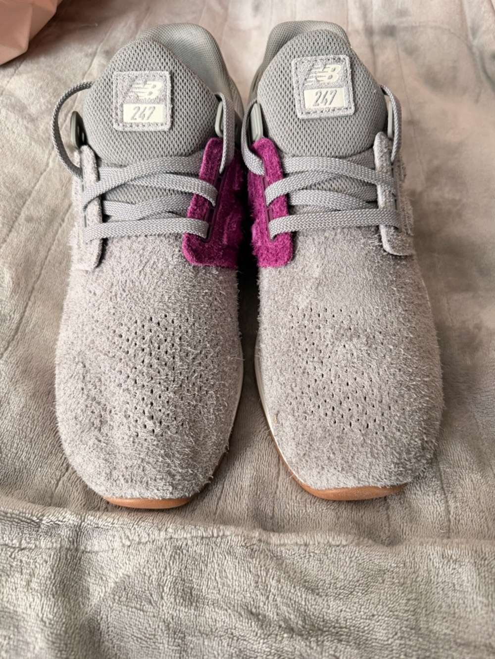 New Balance Grey Suede Sneakers with Magenta Accent